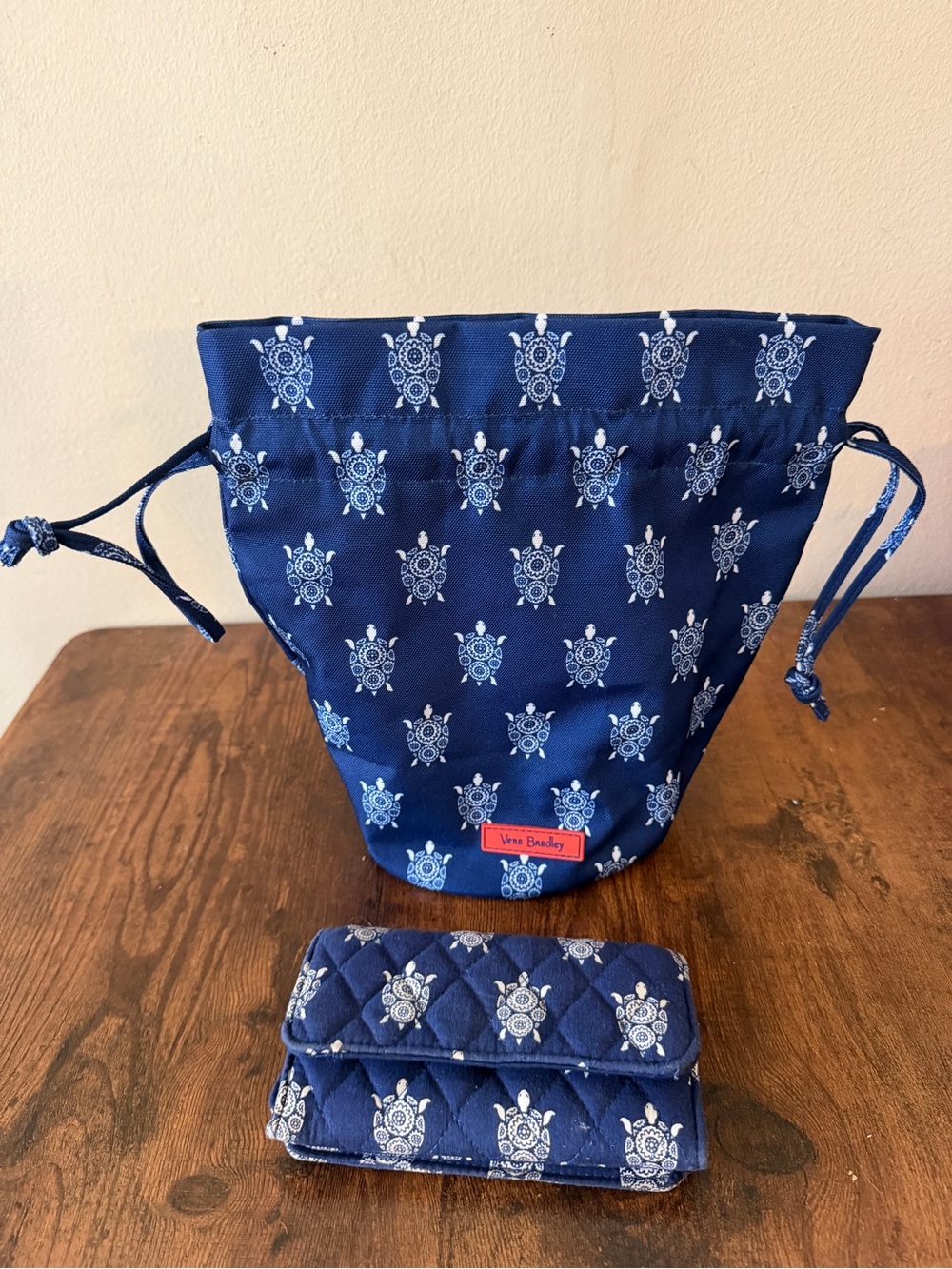 Vera Bradley Navy Turtle Drawstring Pouch with Quilted Wallet
